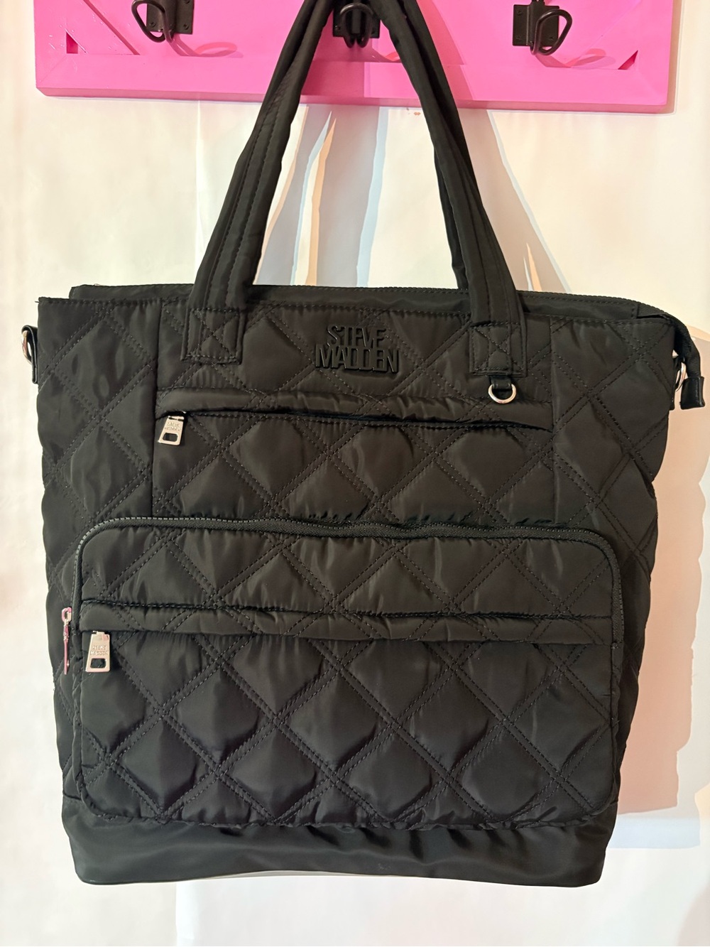 Steve Madden Black Quilted Tote with Front Zip Pockets